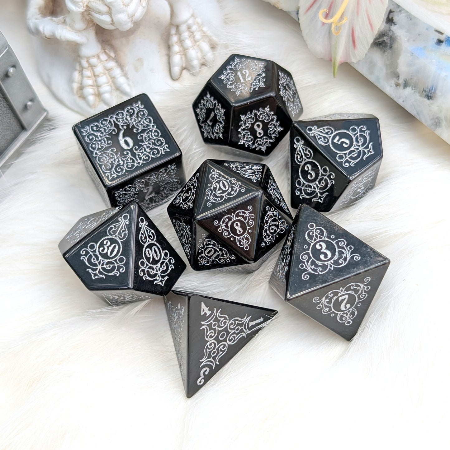 Garden Gate Obsidian Gemstone Dice Set with Silver Font | Fennek & Finch