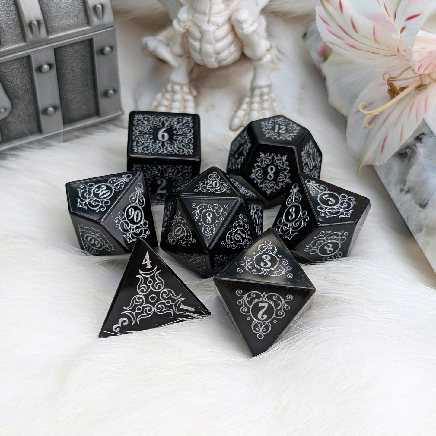 Garden Gate Obsidian Gemstone Dice Set with Silver Font | Fennek & Finch