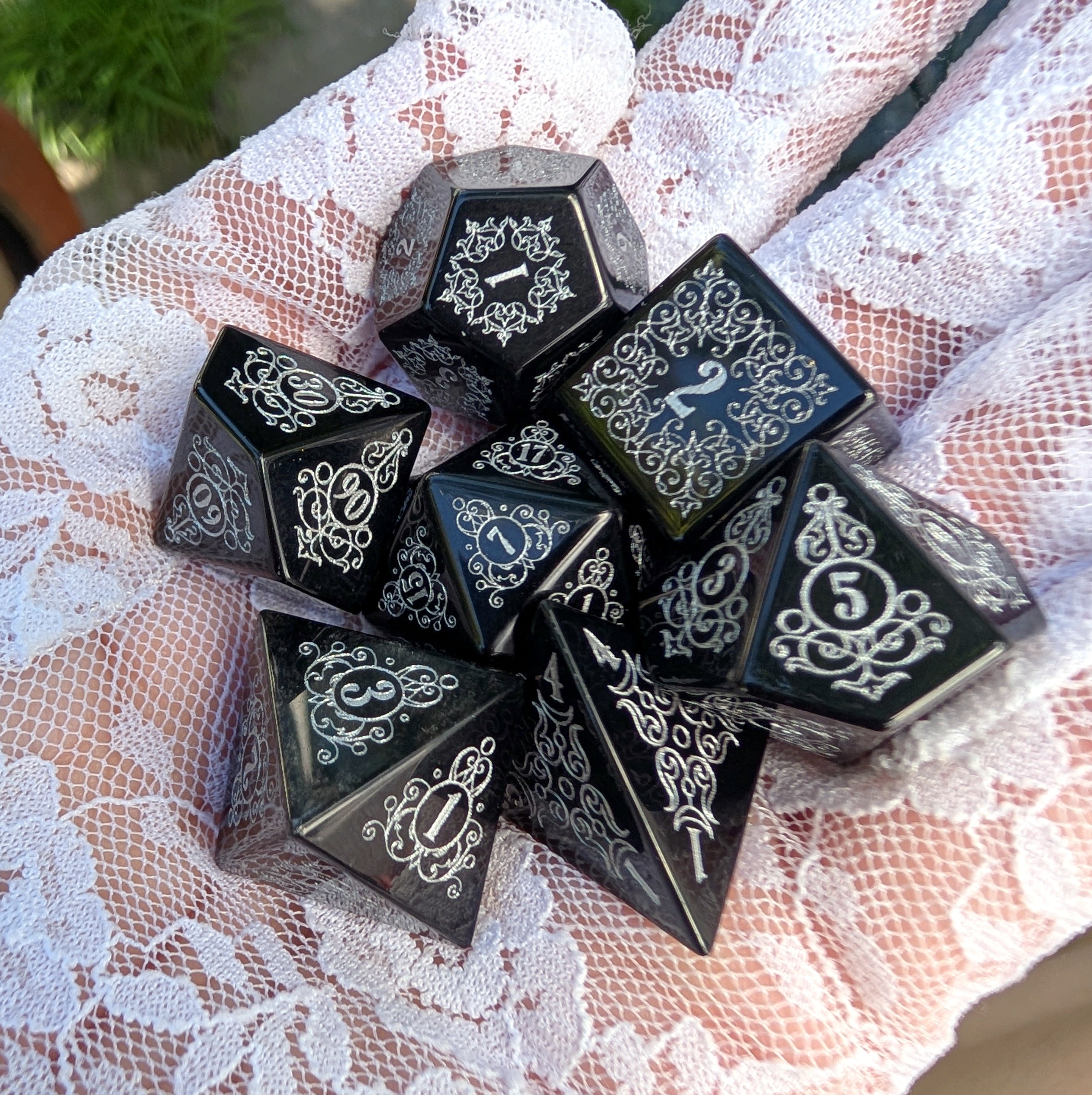 Garden Gate Obsidian Dice Set with Silver Font | Fennek & Finch