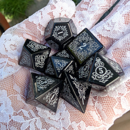 Garden Gate Obsidian Gemstone Dice Set with Silver Font | Fennek & Finch