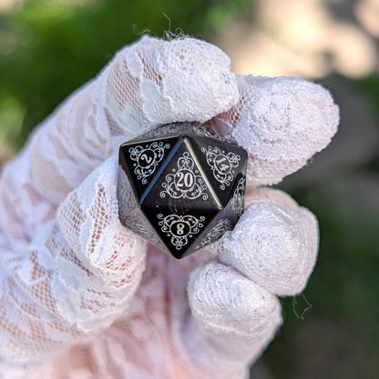 Garden Gate Obsidian Gemstone Dice Set with Silver Font | Fennek & Finch
