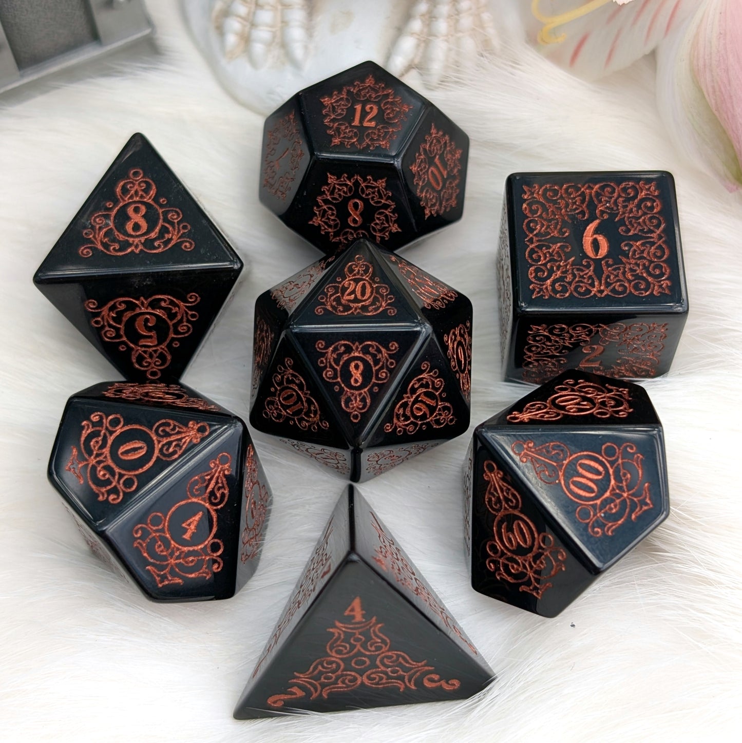 Garden Gate Obsidian Gemstone Dice Set with Copper Font | Fennek & Finch