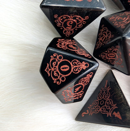 Garden Gate Obsidian Gemstone Dice Set with Copper Font | Fennek & Finch