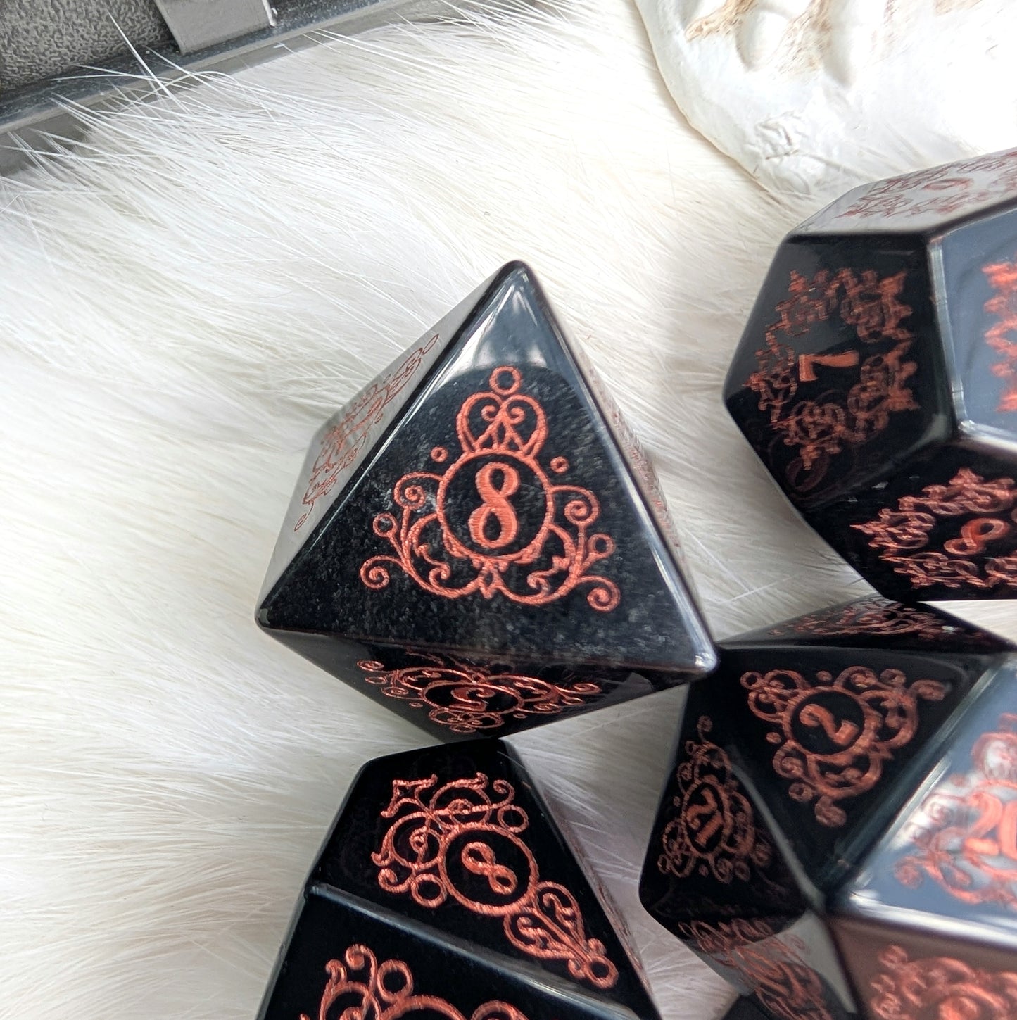 Garden Gate Obsidian Gemstone Dice Set with Copper Font | Fennek & Finch