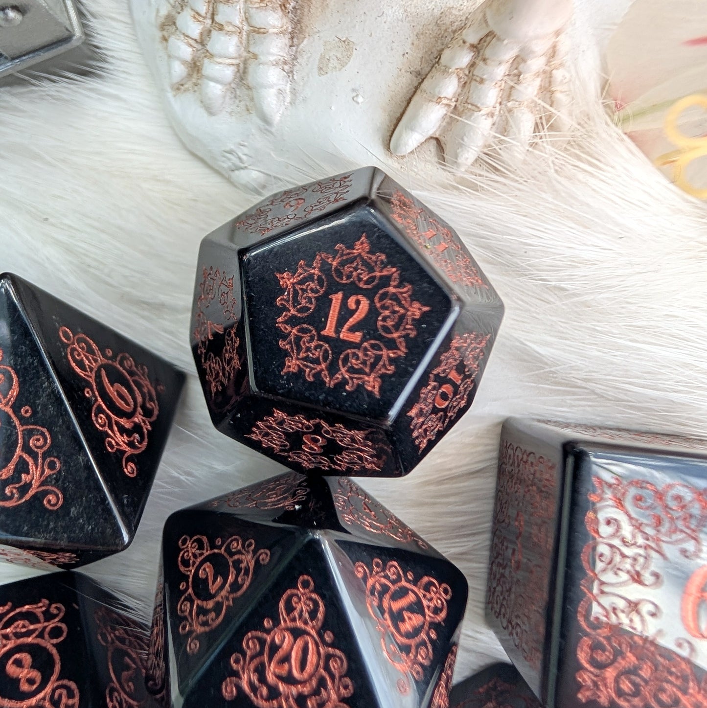 Garden Gate Obsidian Gemstone Dice Set with Copper Font | Fennek & Finch