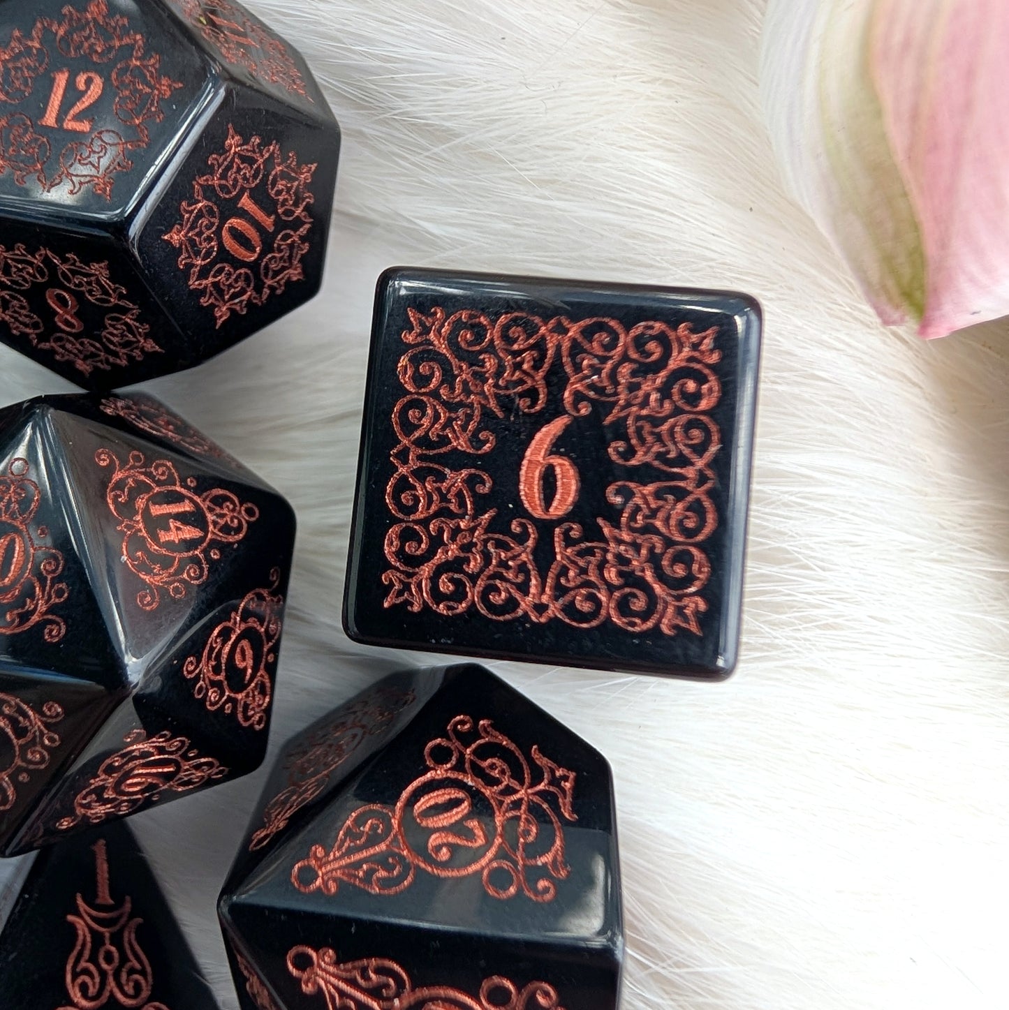 Garden Gate Obsidian Gemstone Dice Set with Copper Font | Fennek & Finch