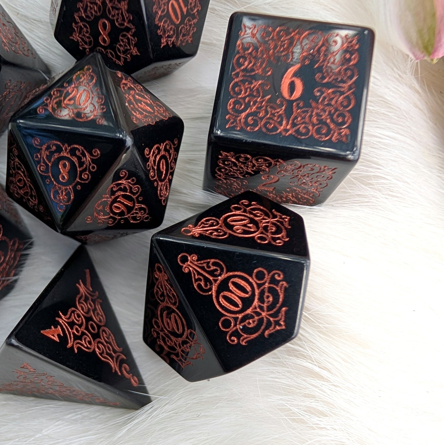Garden Gate Obsidian Gemstone Dice Set with Copper Font | Fennek & Finch