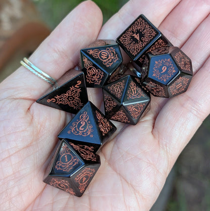 Garden Gate Obsidian Gemstone Dice Set with Copper Font | Fennek & Finch