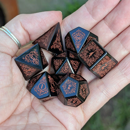 Garden Gate Obsidian Gemstone Dice Set with Copper Font | Fennek & Finch