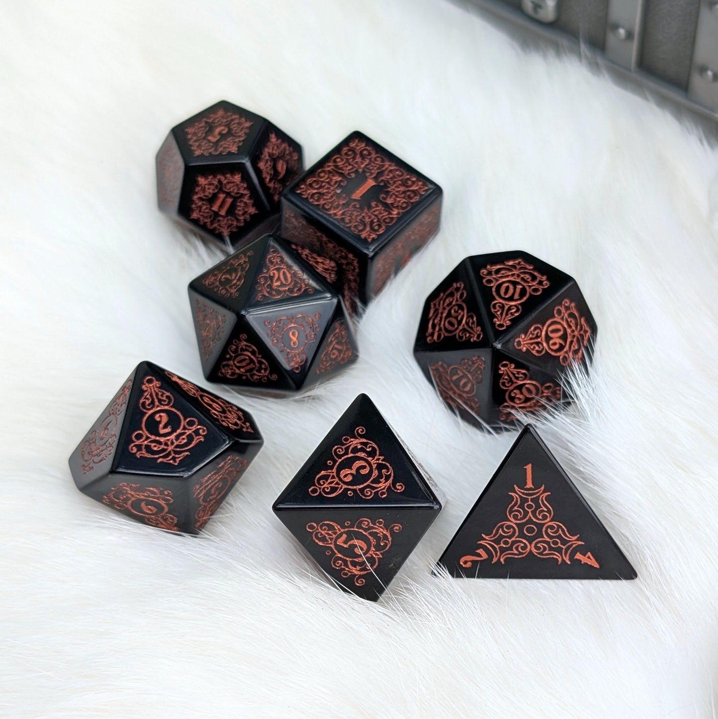 Garden Gate Obsidian Gemstone Dice Set with Copper Font | Fennek & Finch