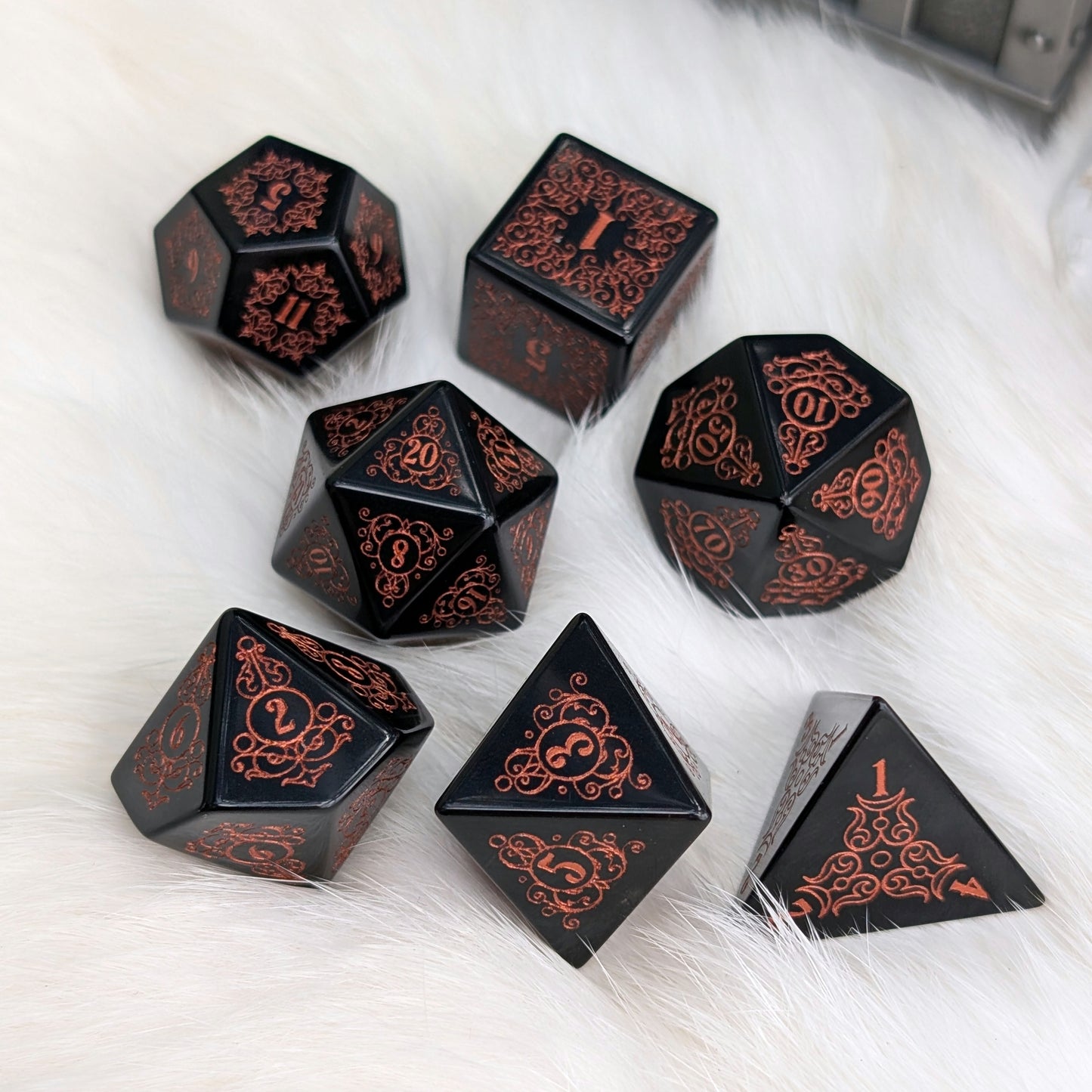 Garden Gate Obsidian Gemstone Dice Set with Copper Font | Fennek & Finch