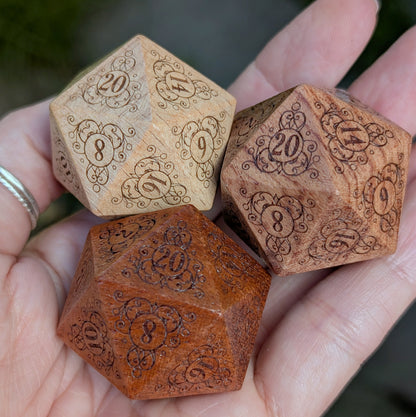 Garden Gate Large Wood D20 in Beech – Art Nouveau Engraved Wooden Die | Fennek & Finch