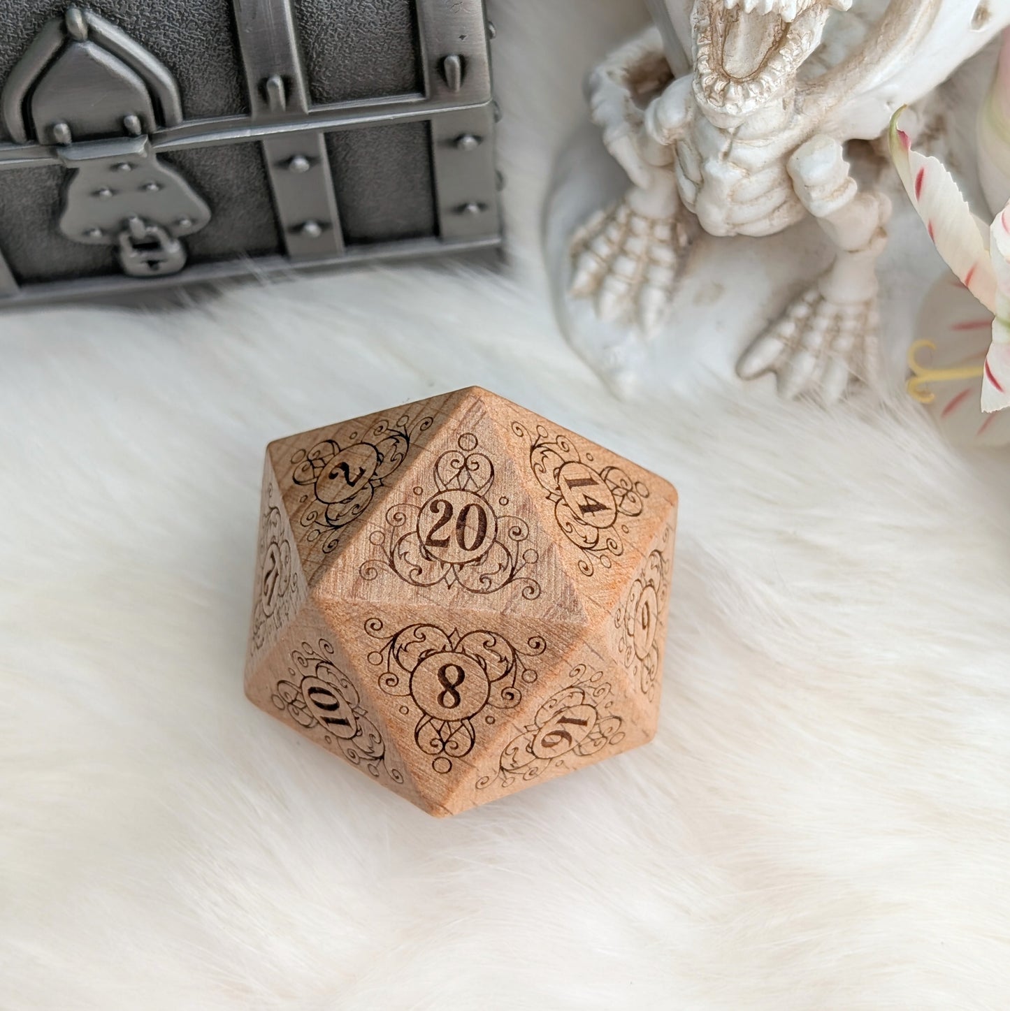 Garden Gate Large Wood D20 in Beech – Art Nouveau Engraved Wooden Die | Fennek & Finch