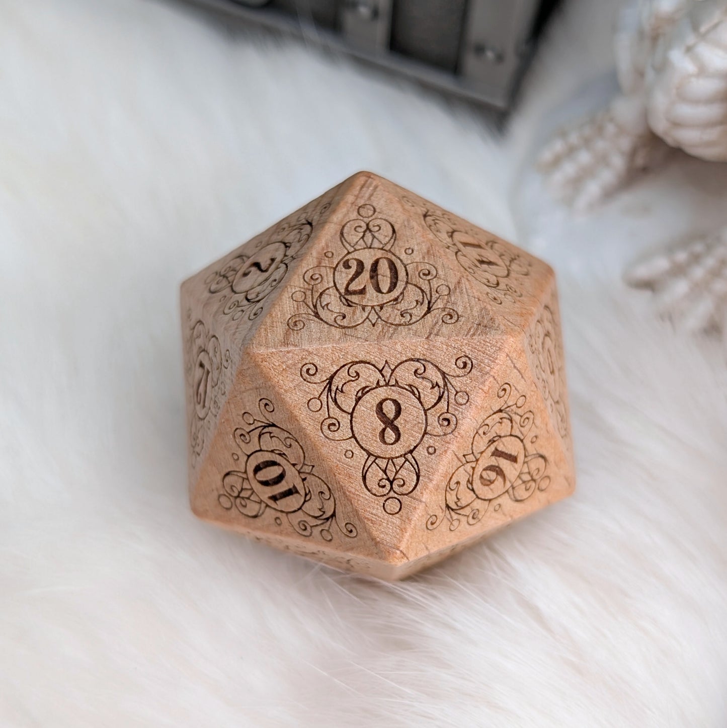 Garden Gate Large Wood D20 in Beech – Art Nouveau Engraved Wooden Die | Fennek & Finch