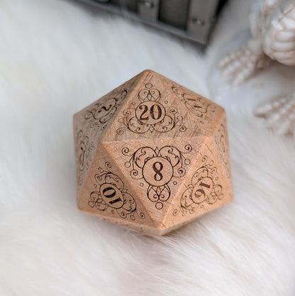 Garden Gate Large Wood D20 in Beech – Art Nouveau Engraved Wooden Die | Fennek & Finch