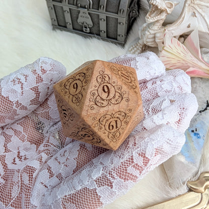 Garden Gate Large Wood D20 in Beech – Art Nouveau Engraved Wooden Die | Fennek & Finch