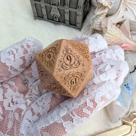 Garden Gate Large Wood D20 in Beech – Art Nouveau Engraved Wooden Die | Fennek & Finch