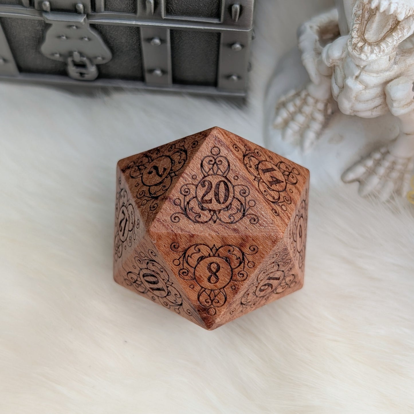 Garden Gate Large Wood D20 in Rose Wood – Art Nouveau Engraved Wooden Die | Fennek & Finch