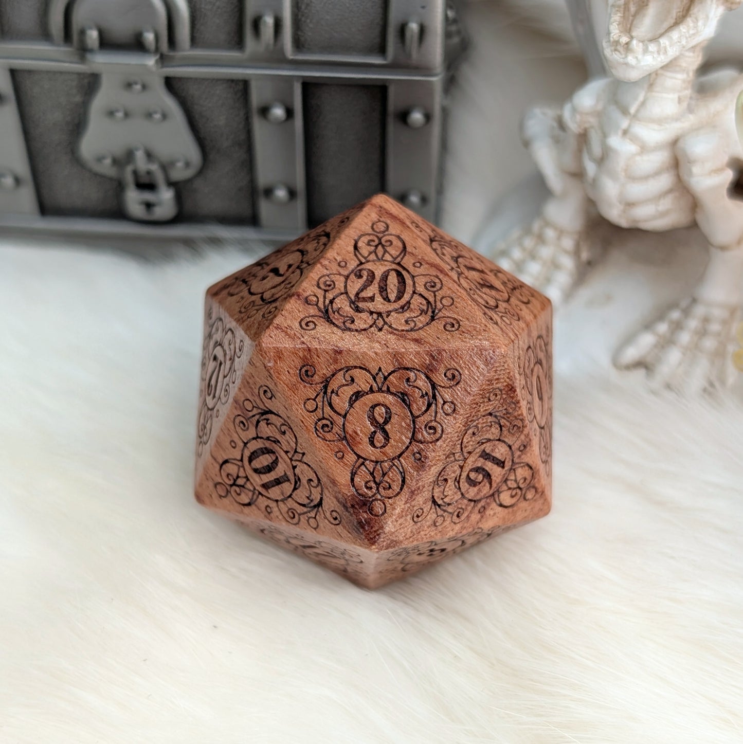 Garden Gate Large Wood D20 in Rose Wood – Art Nouveau Engraved Wooden Die | Fennek & Finch