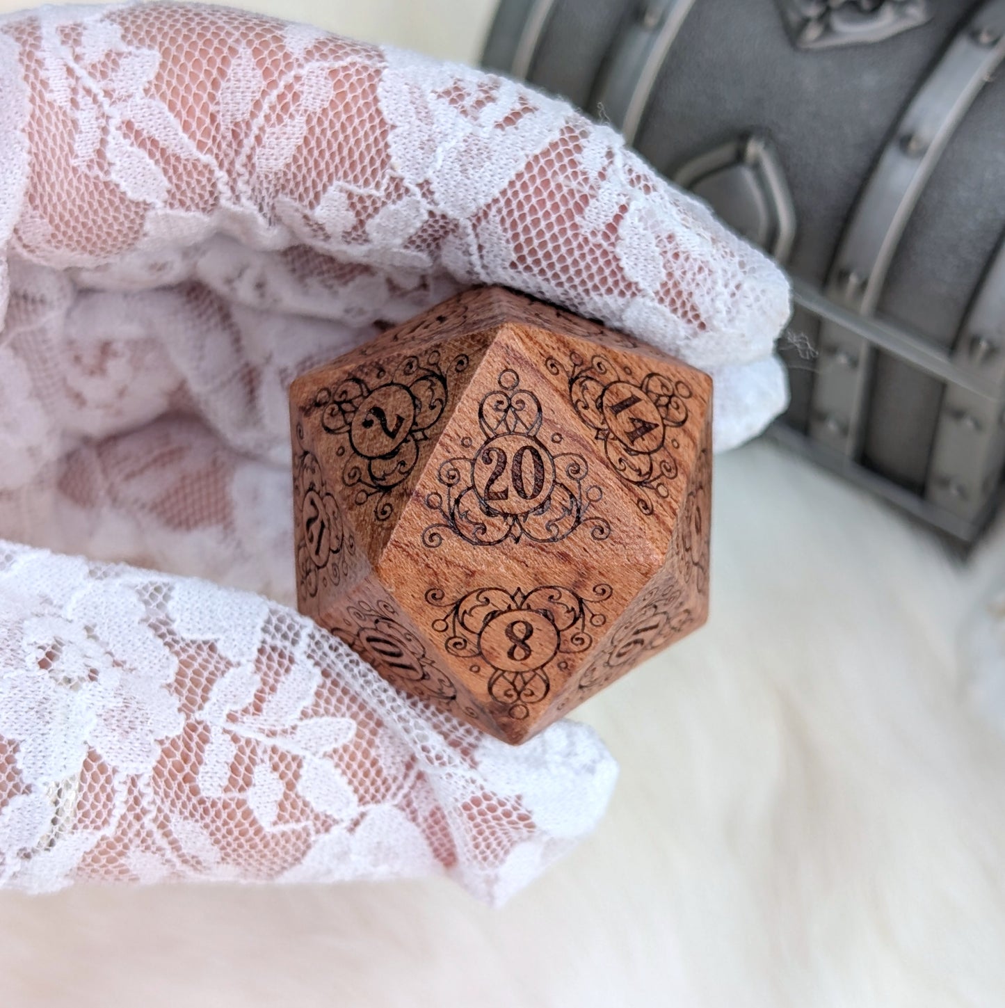 Garden Gate Large Wood D20 in Rose Wood – Art Nouveau Engraved Wooden Die | Fennek & Finch