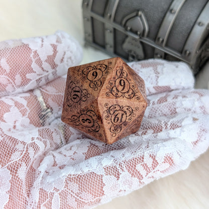 Garden Gate Large Wood D20 in Rose Wood – Art Nouveau Engraved Wooden Die | Fennek & Finch
