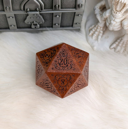 Garden Gate Large Wood D20 in Sandalwood – Art Nouveau Engraved Wooden Die | Fennek & Finch