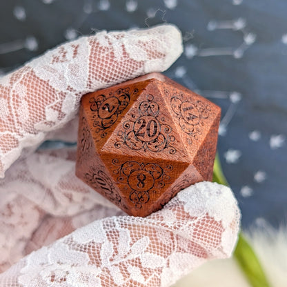 Garden Gate Large Wood D20 in Sandalwood – Art Nouveau Engraved Wooden Die | Fennek & Finch
