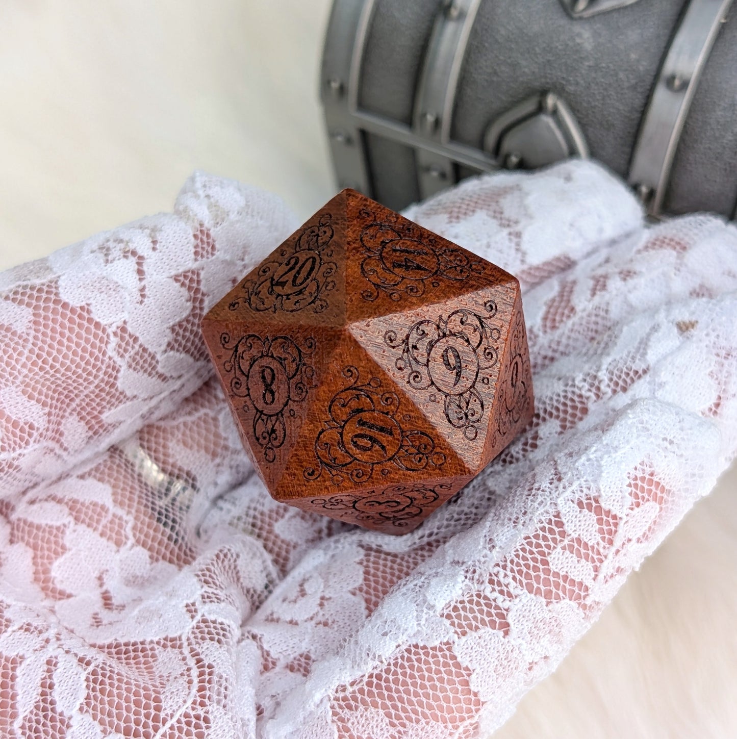 Garden Gate Large Wood D20 in Sandalwood – Art Nouveau Engraved Wooden Die | Fennek & Finch