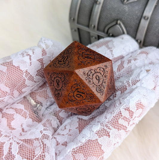 Garden Gate Large Wood D20 in Sandalwood – Art Nouveau Engraved Wooden Die | Fennek & Finch