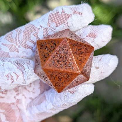 Garden Gate Large Wood D20 in Sandalwood – Art Nouveau Engraved Wooden Die | Fennek & Finch