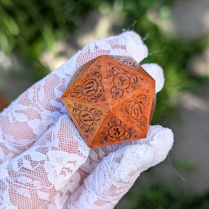 Garden Gate Large Wood D20 in Sandalwood – Art Nouveau Engraved Wooden Die | Fennek & Finch