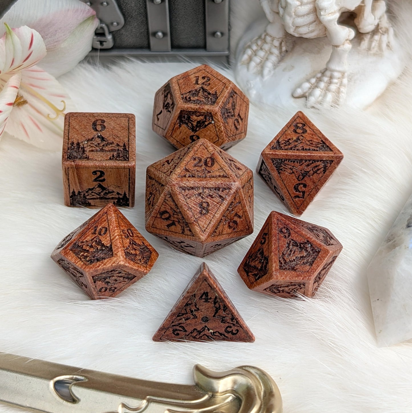 Everwild Rosewood Dice Set – Mountains & Forest Engravings with Glossy Finish (7-Piece)