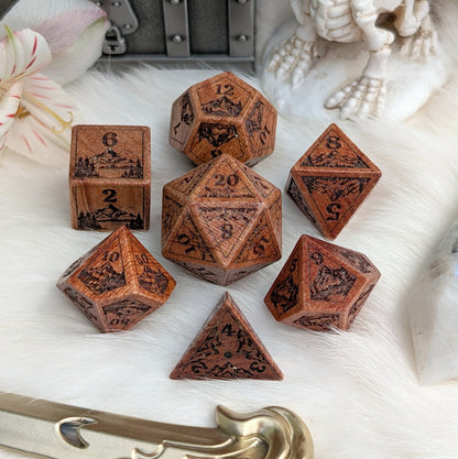 Everwild Rosewood Dice Set – Mountains & Forest Engravings with Glossy Finish (7-Piece)