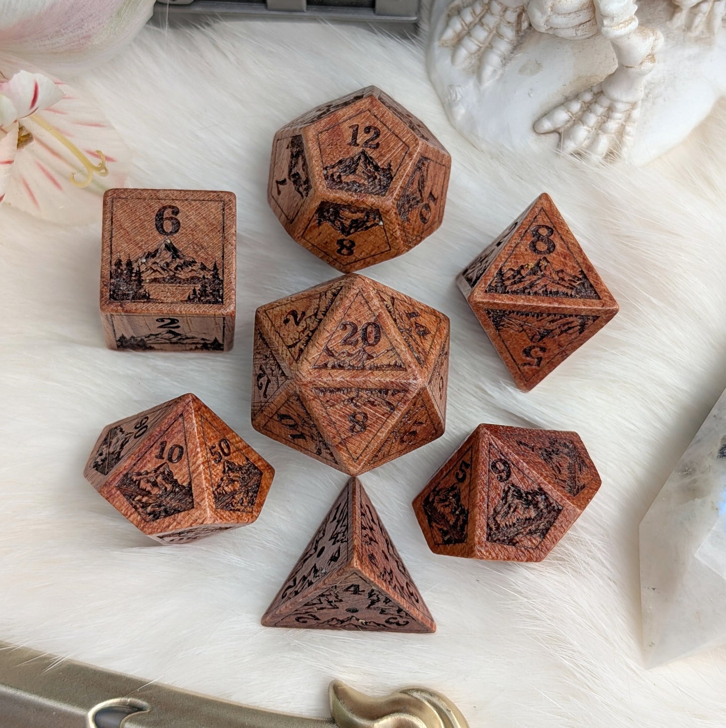 Everwild Rosewood Dice Set – Mountains & Forest Engravings with Glossy Finish (7-Piece)