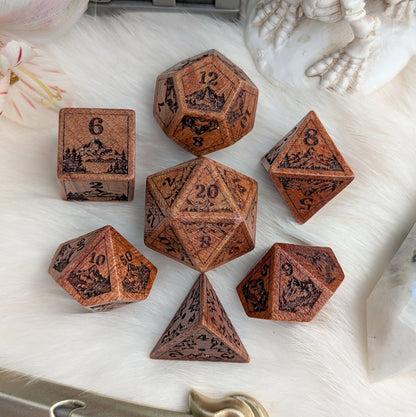 Everwild Rosewood Dice Set – Mountains & Forest Engravings with Glossy Finish (7-Piece)