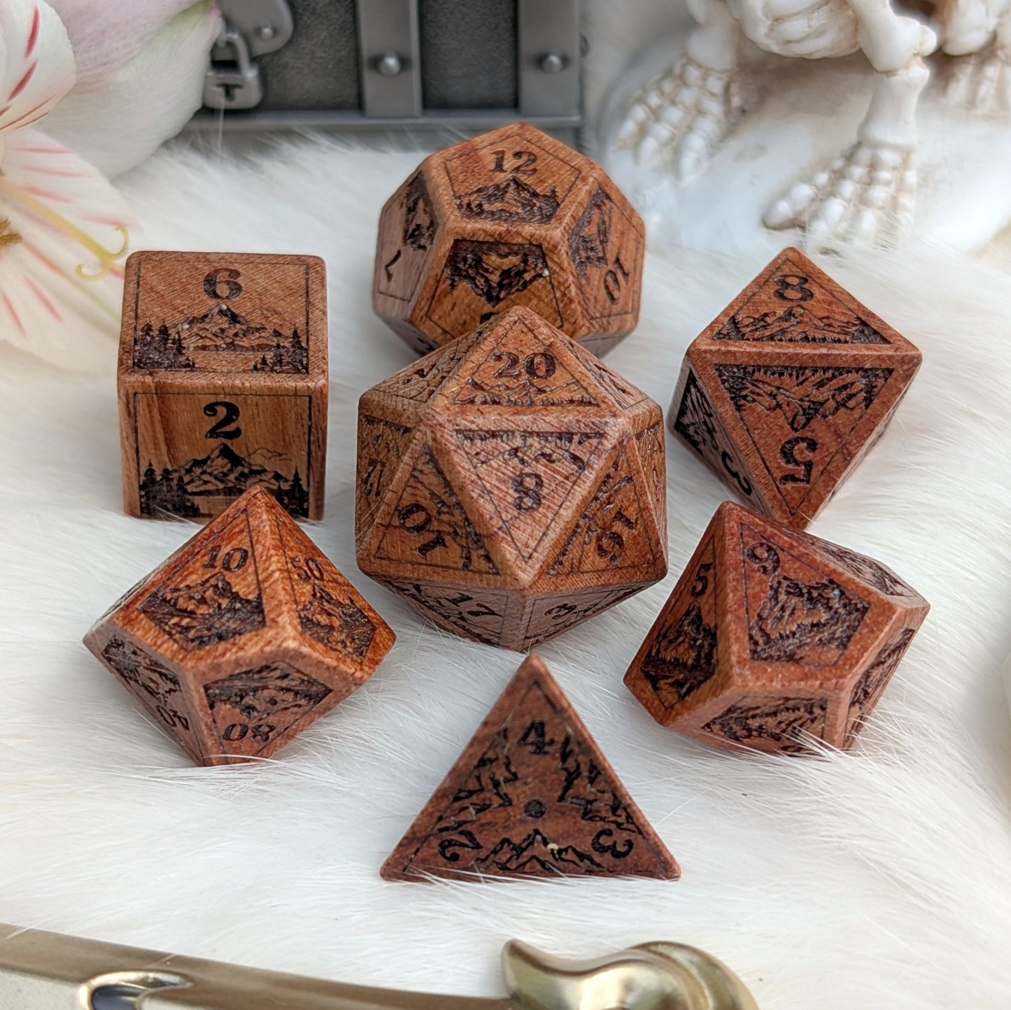 Everwild Rosewood Dice Set – Mountains & Forest Engravings with Glossy Finish (7-Piece)