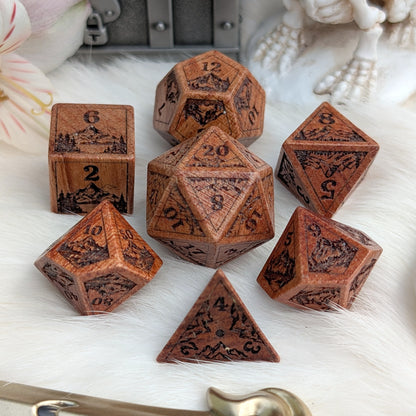 Everwild Rosewood Dice Set – Mountains & Forest Engravings with Glossy Finish (7-Piece)