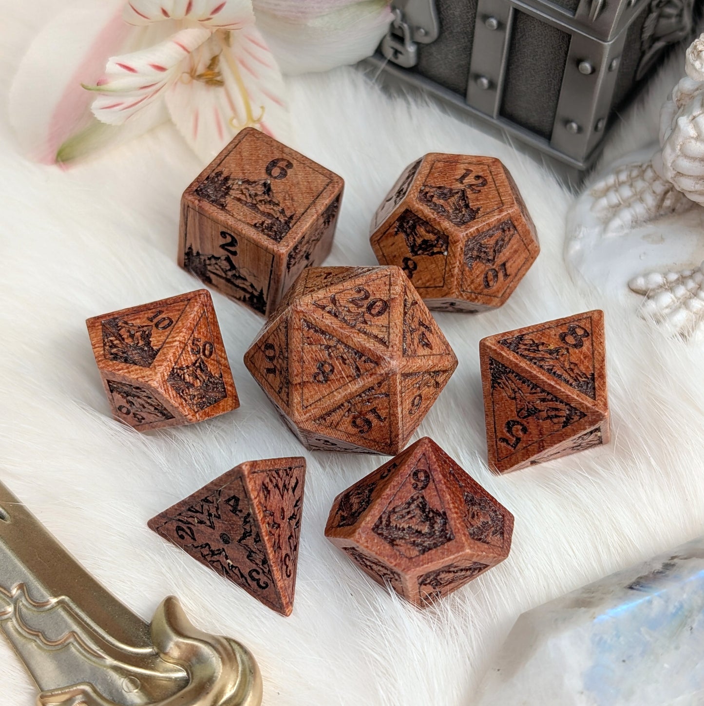 Everwild Rosewood Dice Set – Mountains & Forest Engravings with Glossy Finish (7-Piece)
