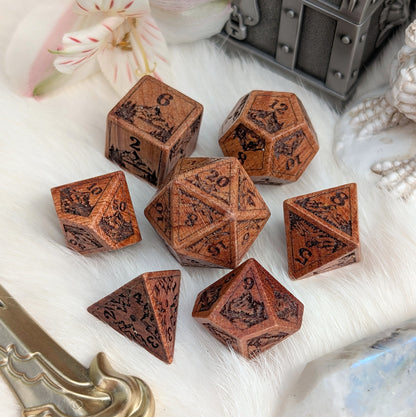 Everwild Rosewood Dice Set – Mountains & Forest Engravings with Glossy Finish (7-Piece)