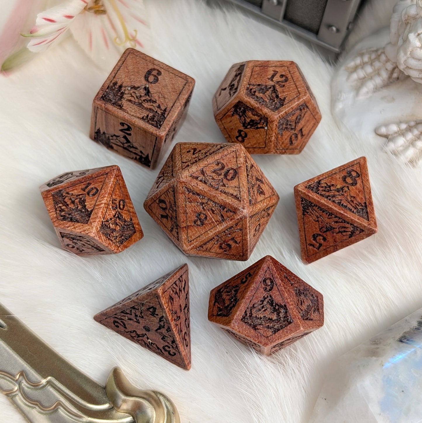 Everwild Rosewood Dice Set – Mountains & Forest Engravings with Glossy Finish (7-Piece)