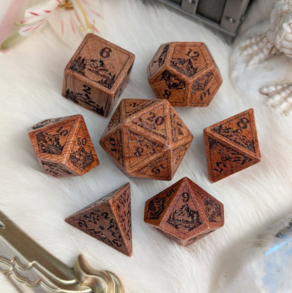 Everwild Rosewood Dice Set – Mountains & Forest Engravings with Glossy Finish (7-Piece)