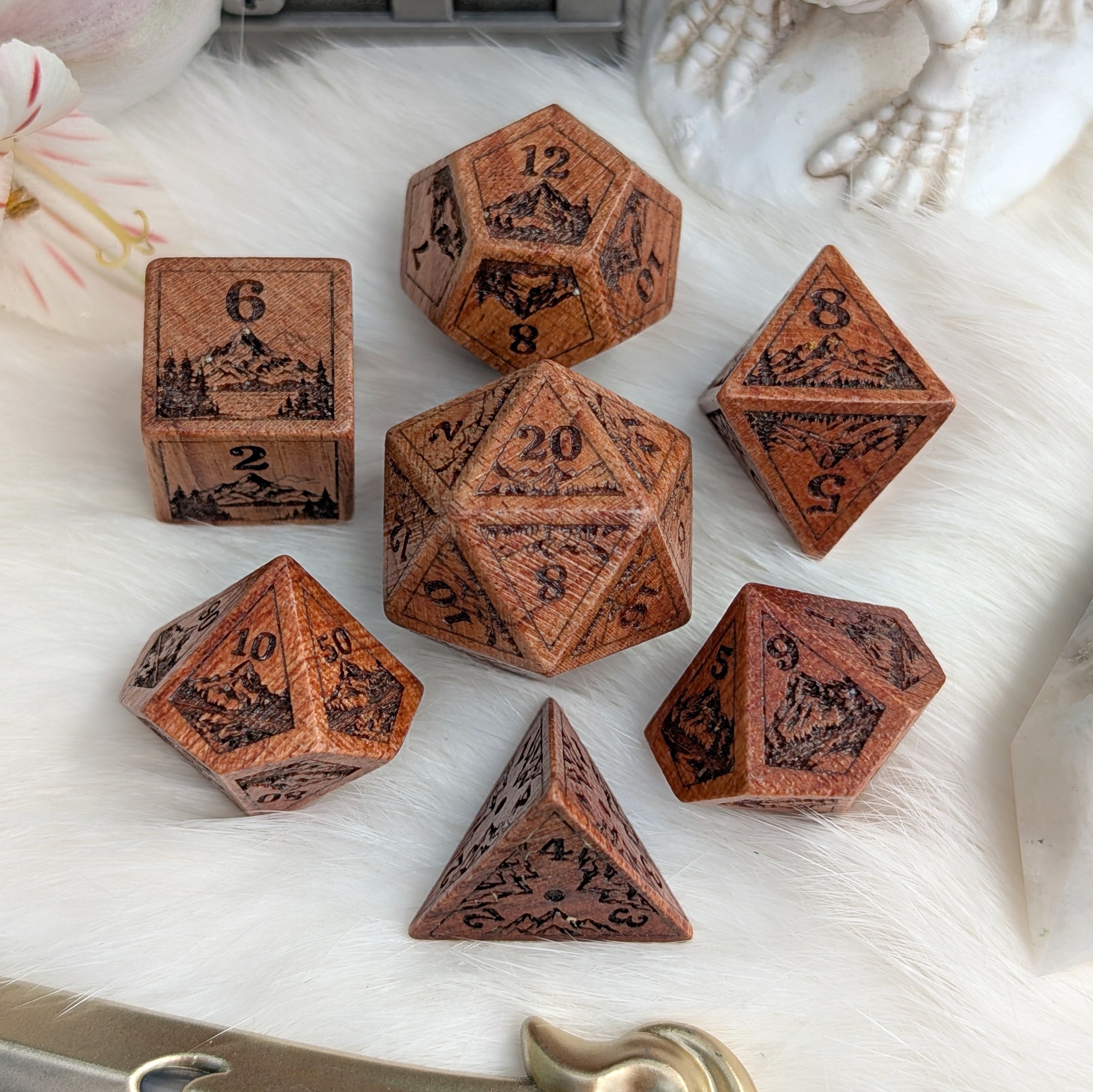 Everwild Rosewood Dice Set | Mountain & Forest Engravings | Fennek