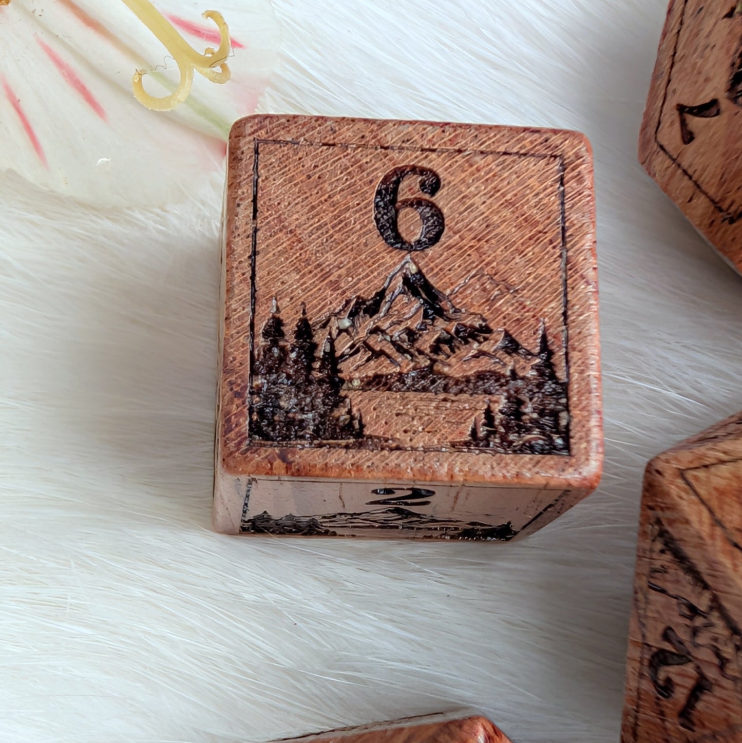 Everwild Rosewood Dice Set – Mountains & Forest Engravings with Glossy Finish (7-Piece)