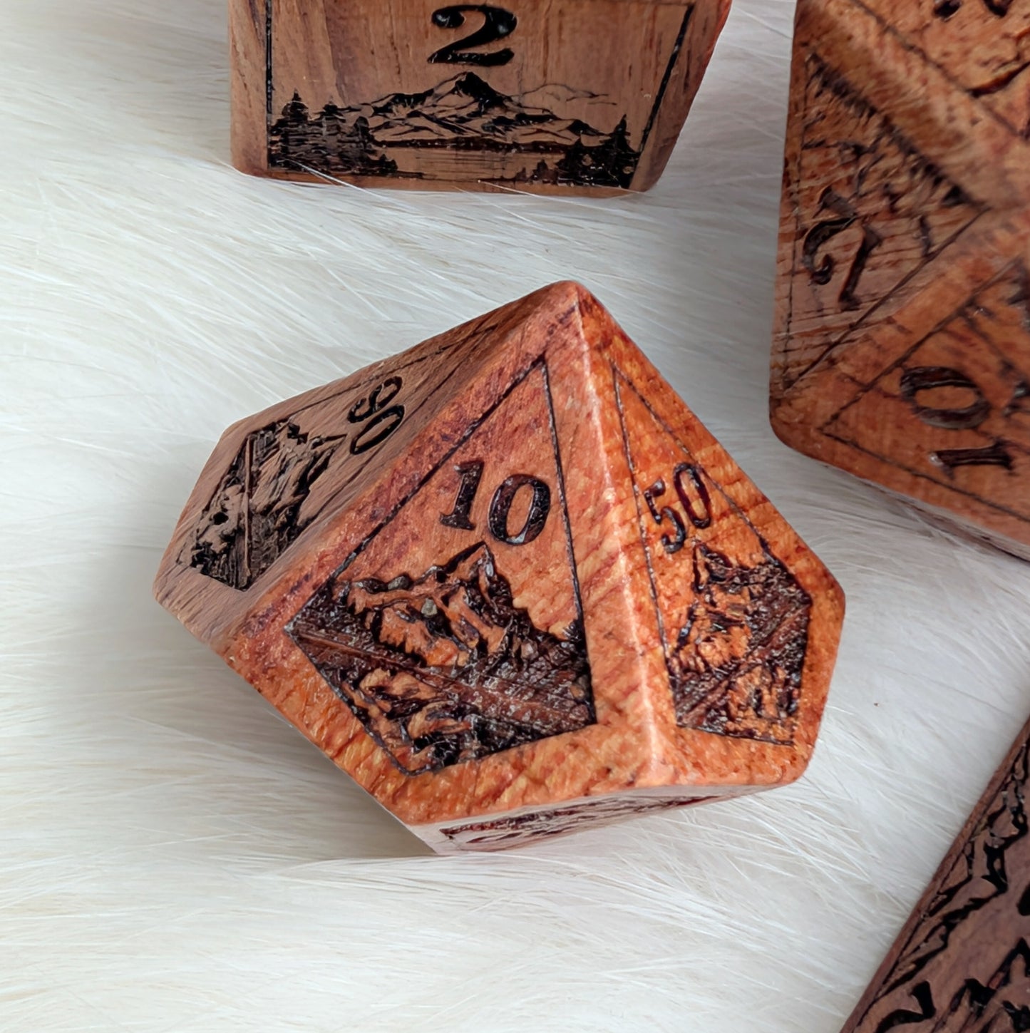Everwild Rosewood Dice Set – Mountains & Forest Engravings with Glossy Finish (7-Piece)