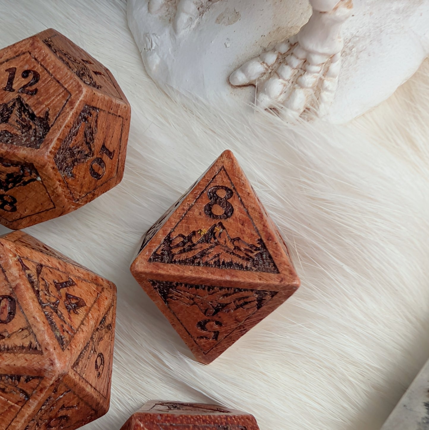 Everwild Rosewood Dice Set – Mountains & Forest Engravings with Glossy Finish (7-Piece)