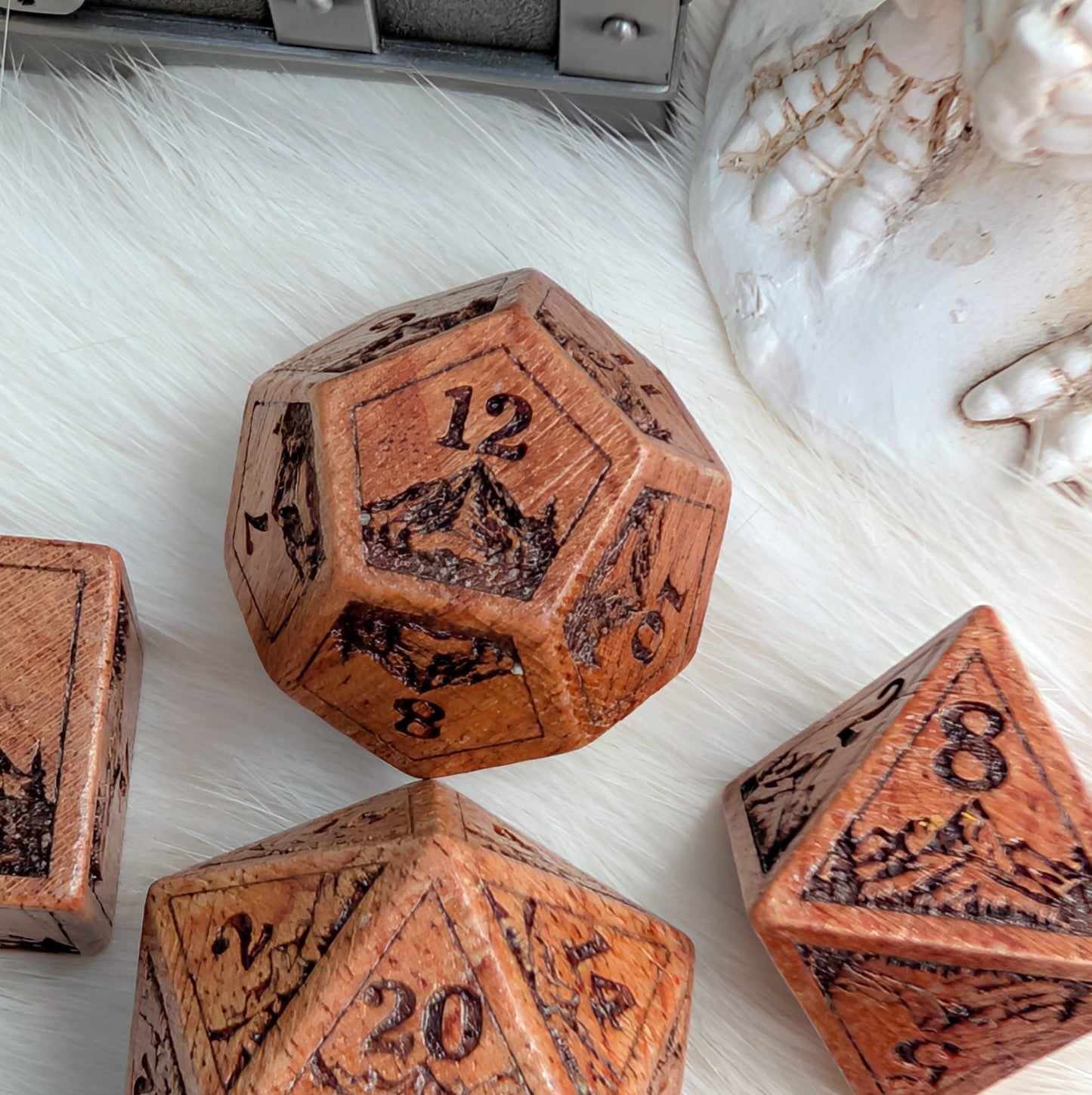 Everwild Rosewood Dice Set – Mountains & Forest Engravings with Glossy Finish (7-Piece)