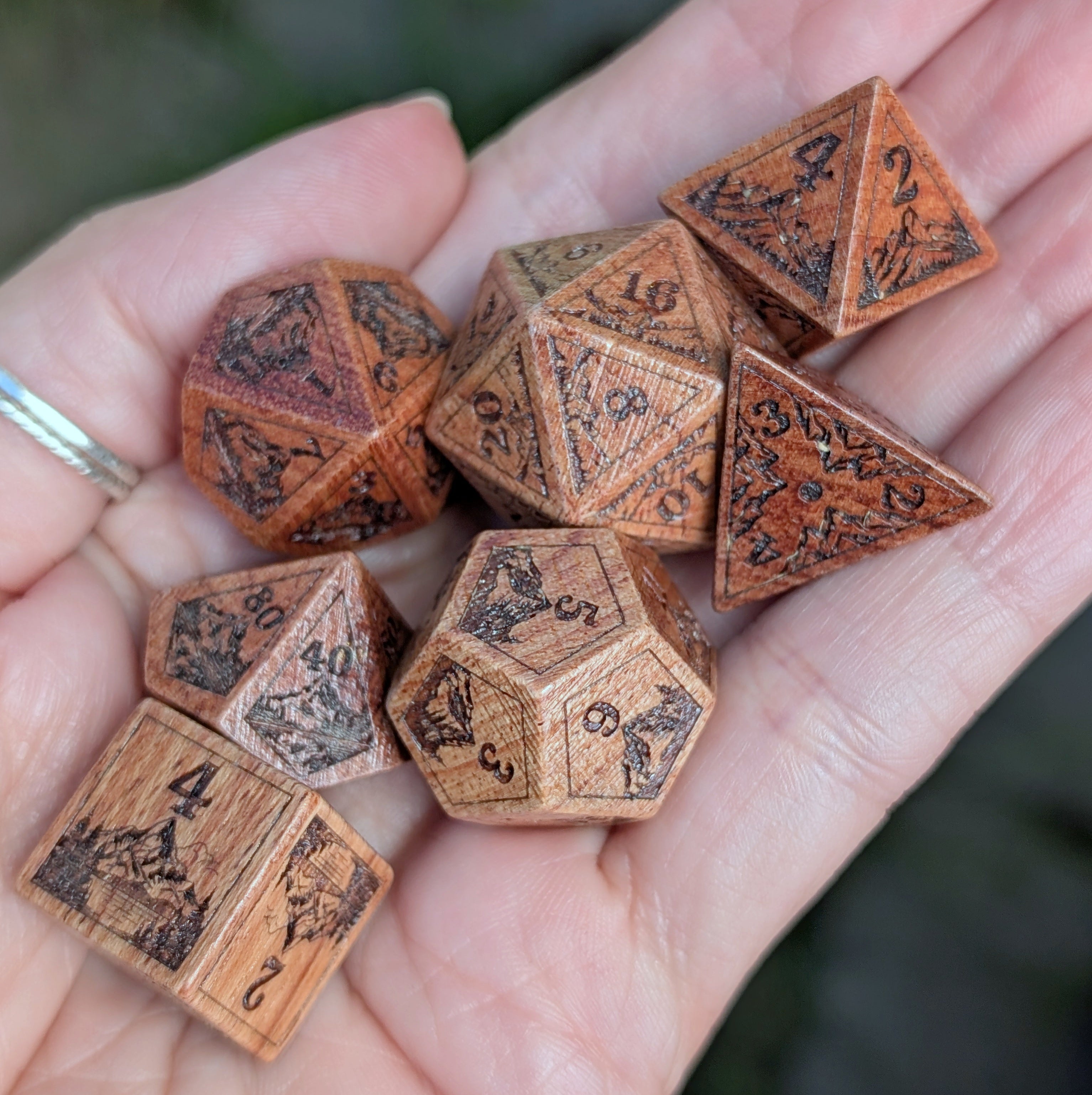 Everwild Rosewood Dice Set | Mountain & Forest Engravings | Fennek