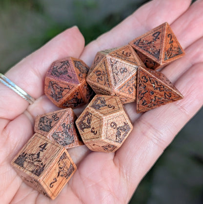 Everwild Rosewood Dice Set – Mountains & Forest Engravings with Glossy Finish (7-Piece)