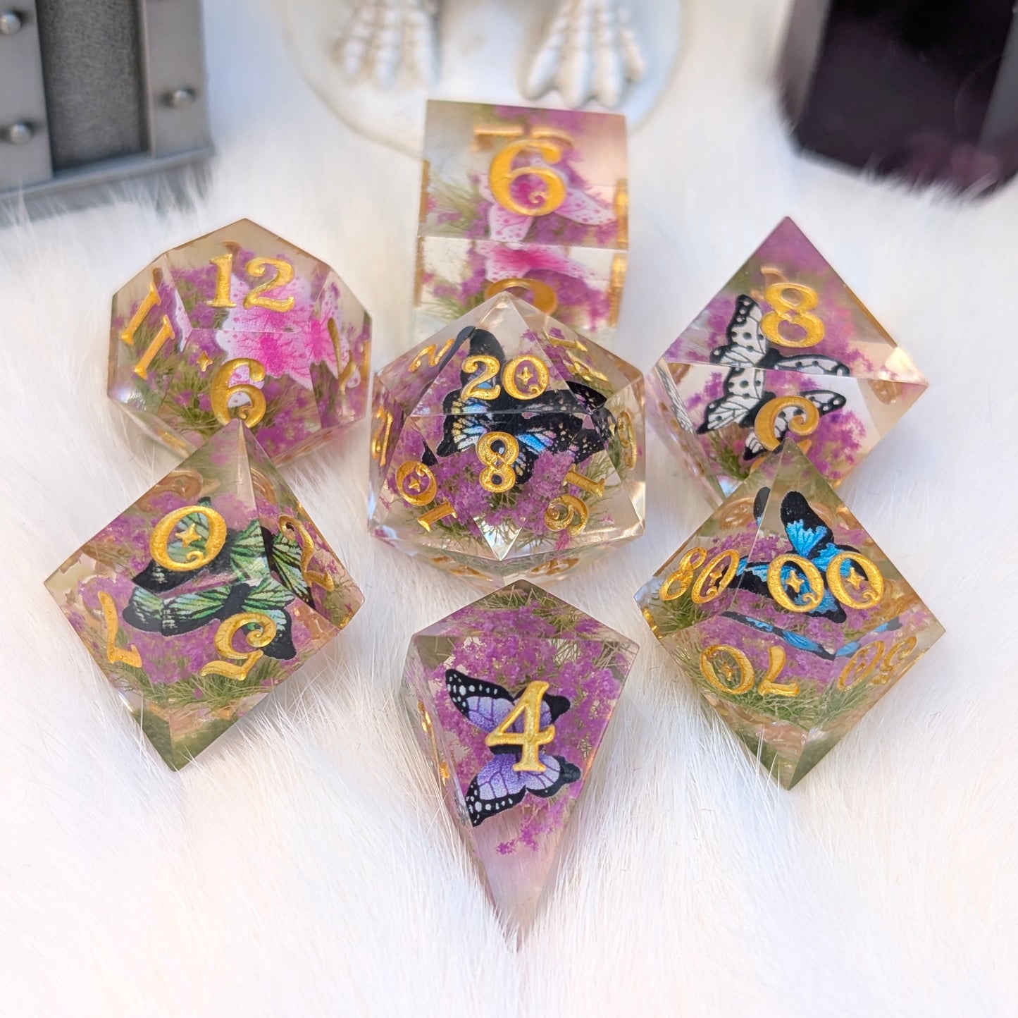 Butterfly Fields Dice Set, Botanical Sharp Edge Resin DnD Dice