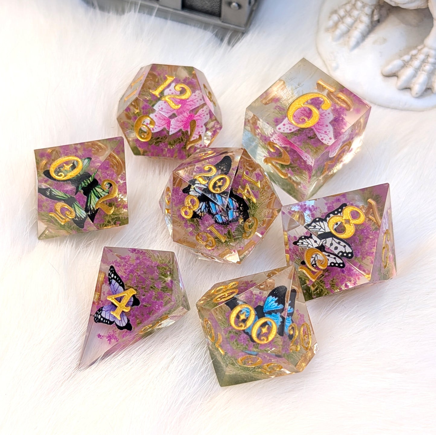 Butterfly Fields Dice Set, Botanical Sharp Edge Resin DnD Dice